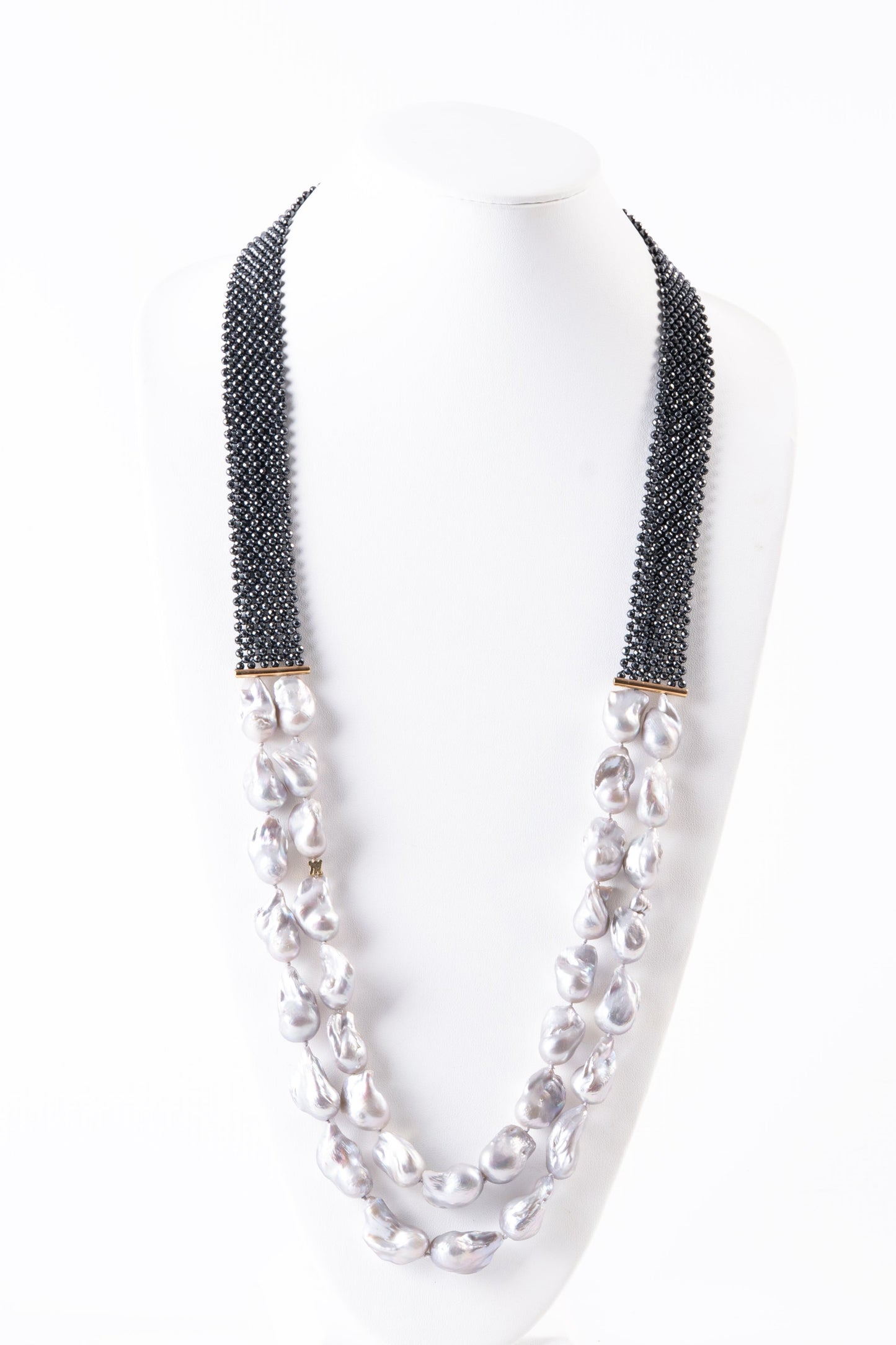 Long Double Strand Baroque Pearl & Hematite Necklace