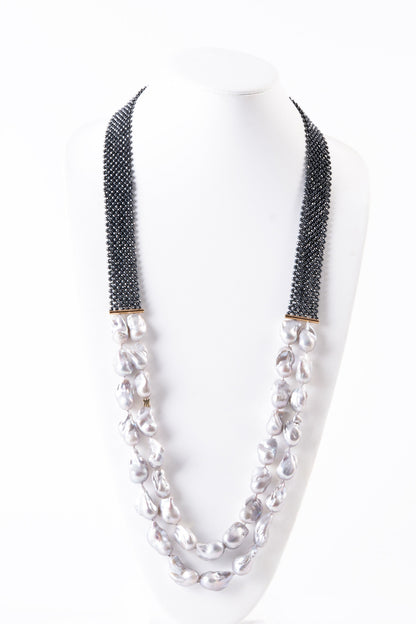 Long Double Strand Baroque Pearl & Hematite Necklace