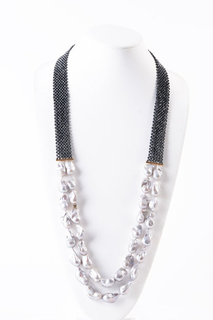 Long Double Strand Baroque Pearl & Hematite Necklace