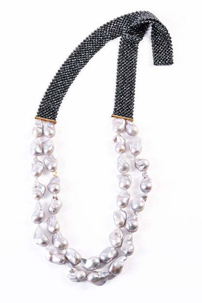 Long Double Strand Baroque Pearl & Hematite Necklace