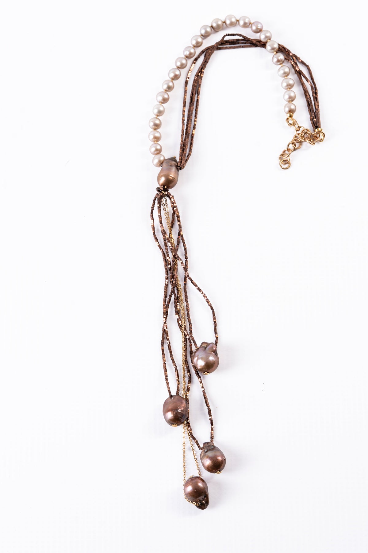 Asymmetrical Bronze Pearl Y-Necklace by Rajola