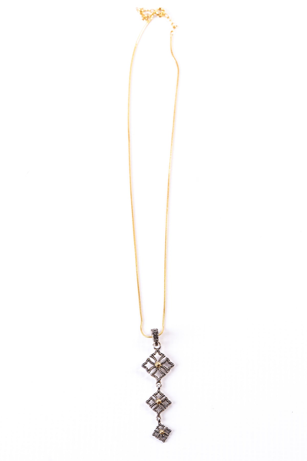 Triple Drop Pendant Necklace in Oxidized Sterling Silver & 14k Gold