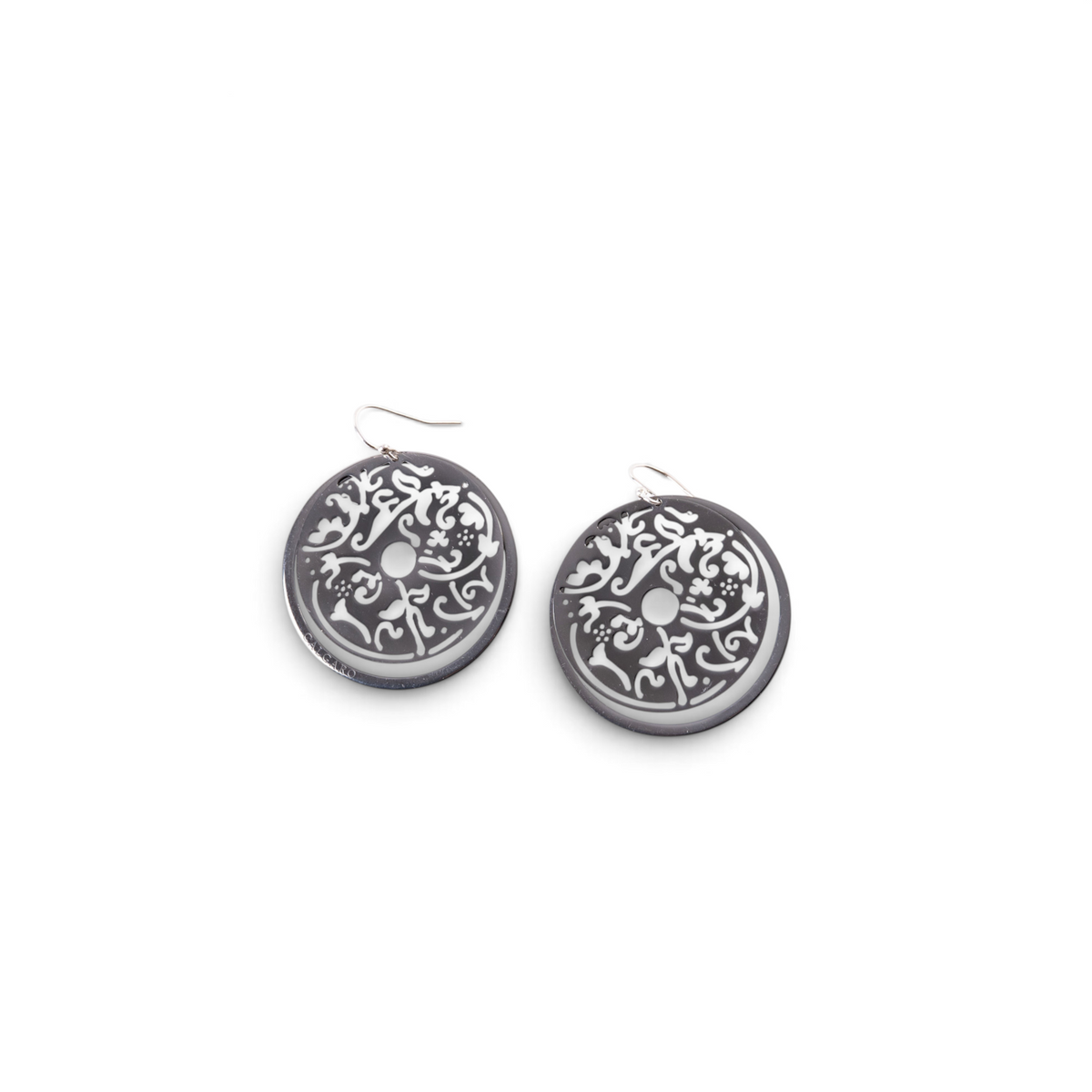Trebor Style oxidized sterling silver filigree circle drop earrings with intricate laser-cut patterns on hook backs.