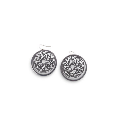 Trebor Style oxidized sterling silver filigree circle drop earrings with intricate laser-cut patterns on hook backs.