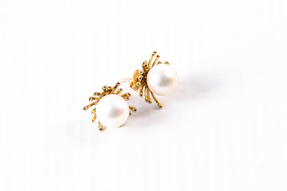 Sunburst White Pearl Stud Earrings in 14k Gold
