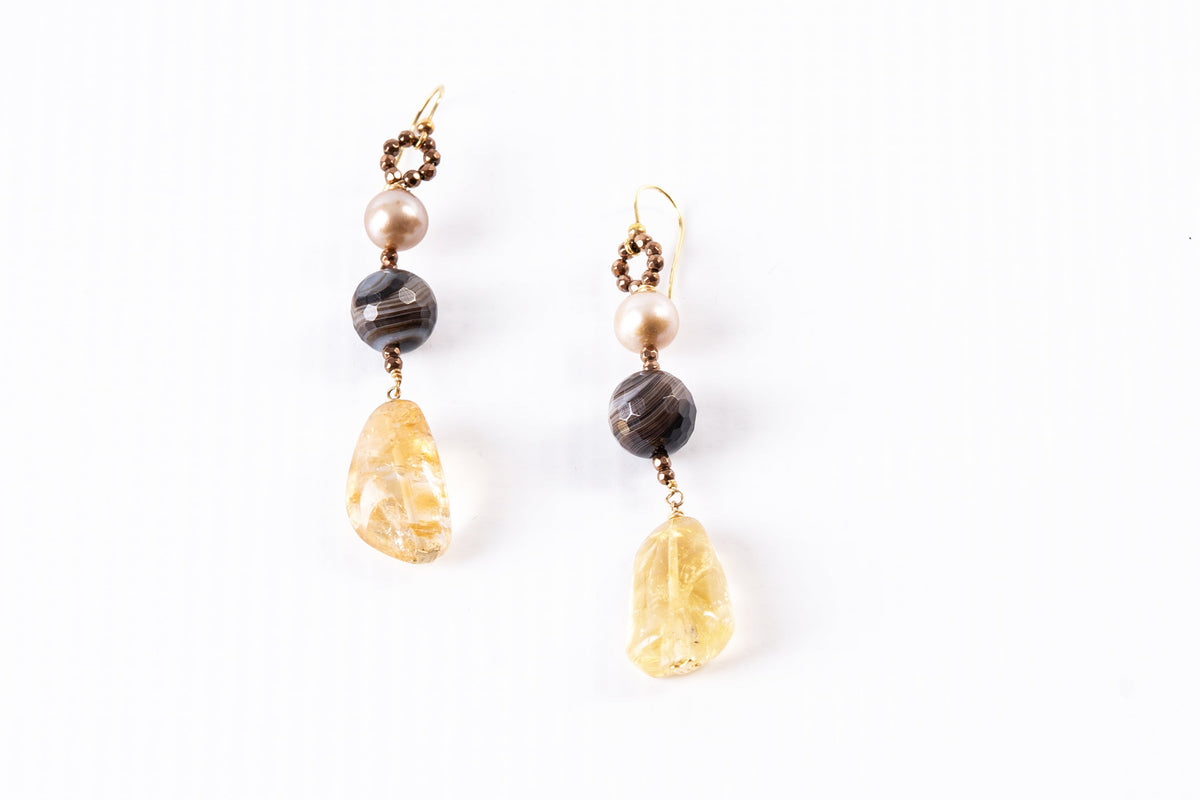 Citrine, Agate & Pearl Drop Earring, 18k Gold