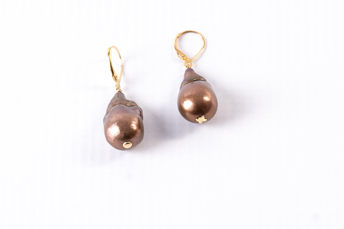 Bronze Baroque Pearl Drop Earring, 18k Gold