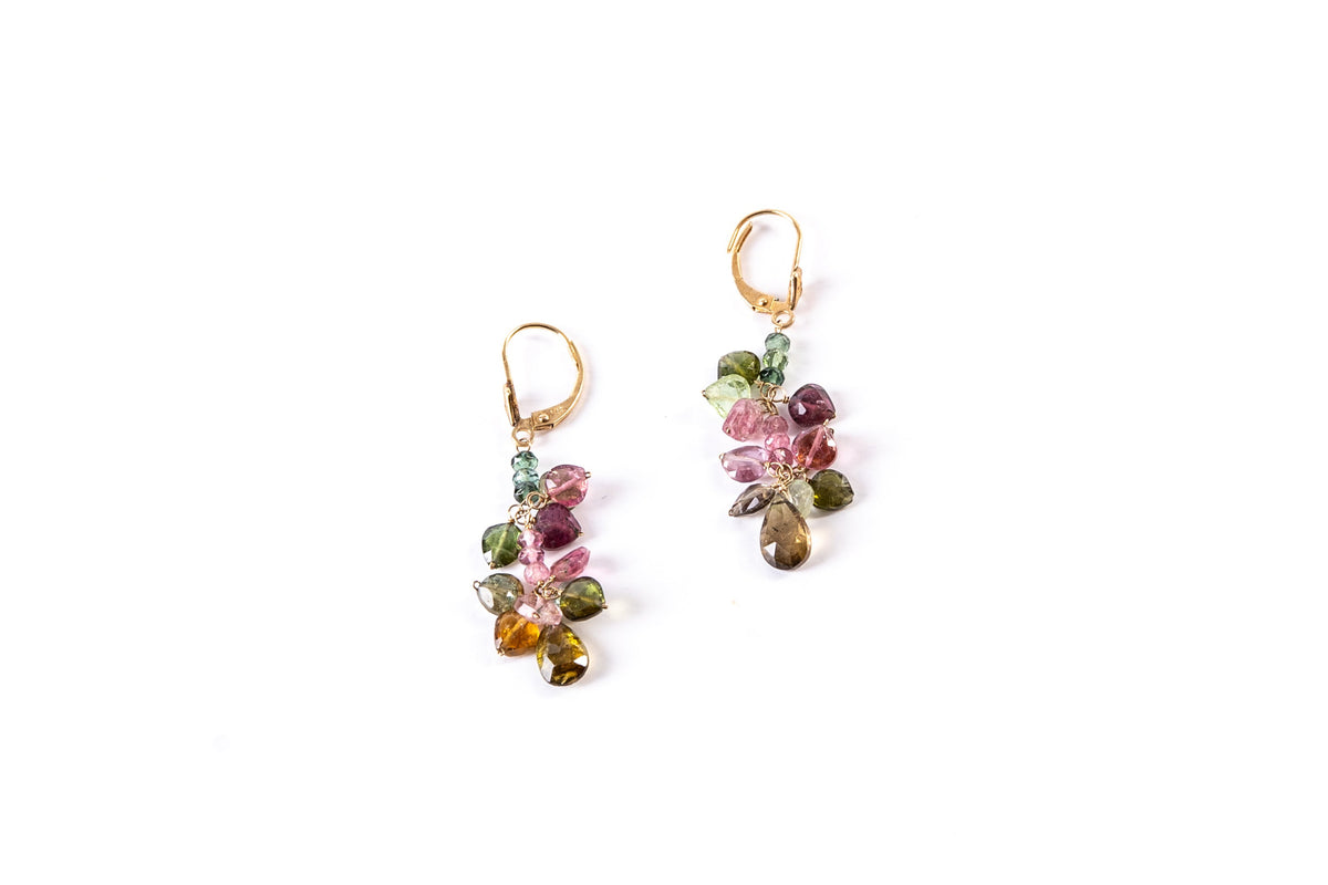 Multi-color Tourmaline Gemstone Dangle Earrings, 14k