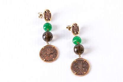 Roman Coin, Jade & Smokey Quartz Chandelier Earrings, 18k Gold