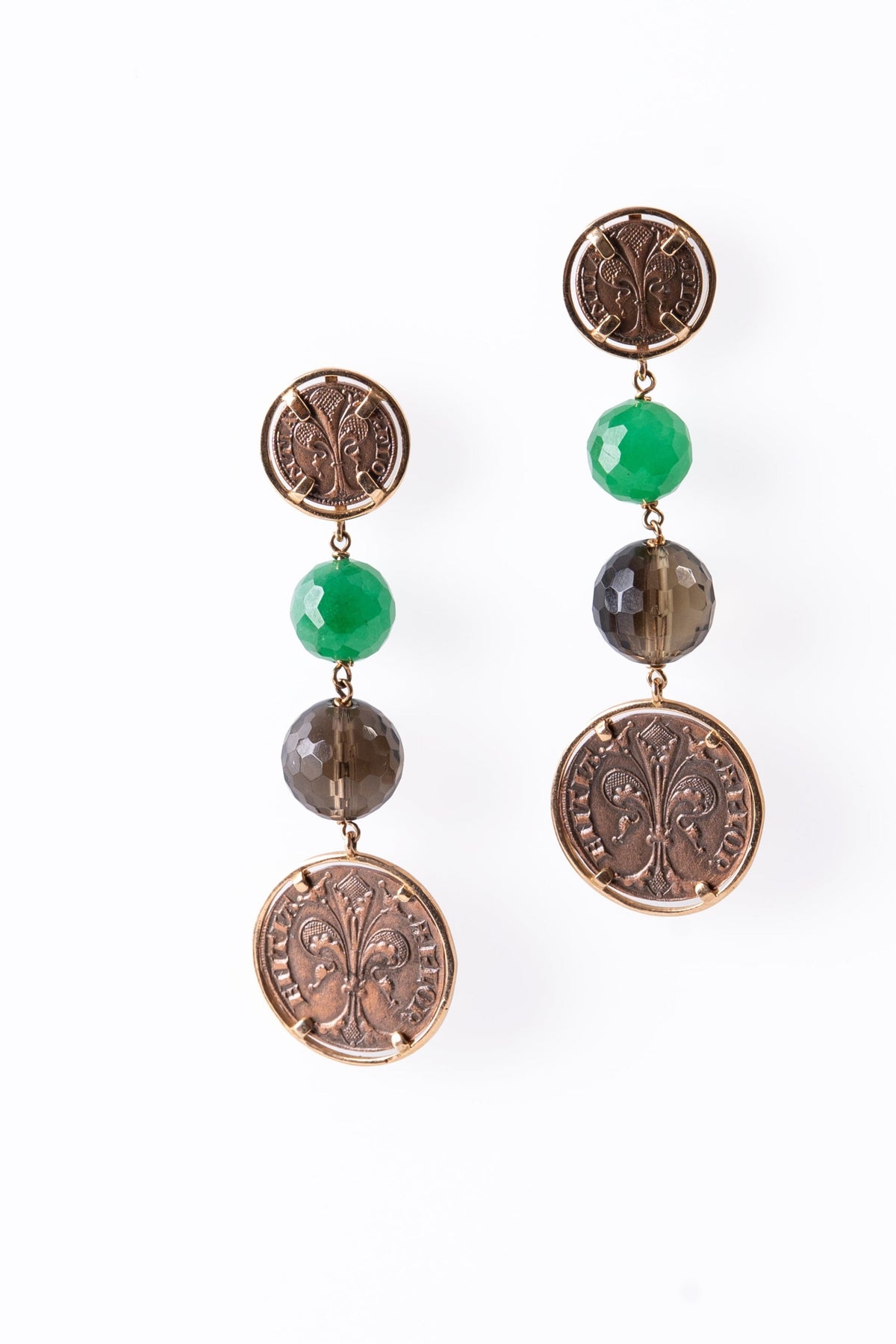 Roman Coin, Jade & Smokey Quartz Chandelier Earrings, 18k Gold