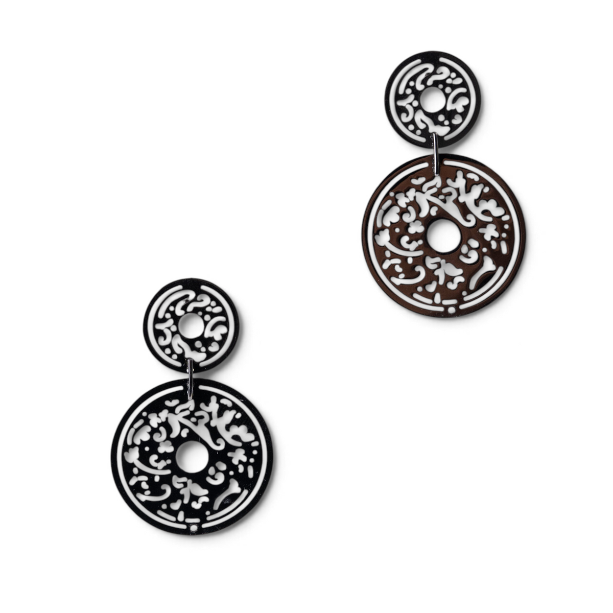 Trebor Style oxidized sterling silver filigree drop earrings featuring double laser-cut oval discs on post backs.