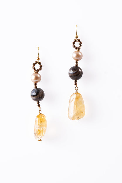 Citrine, Agate & Pearl Drop Earring, 18k Gold