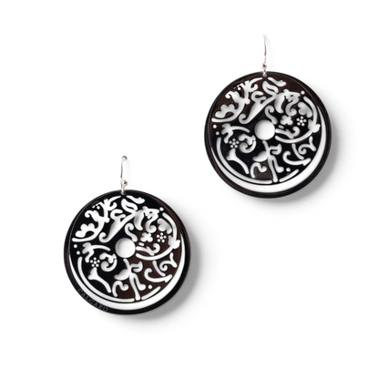 Trebor Style oxidized sterling silver filigree circle drop earrings with intricate laser-cut floral patterns.
