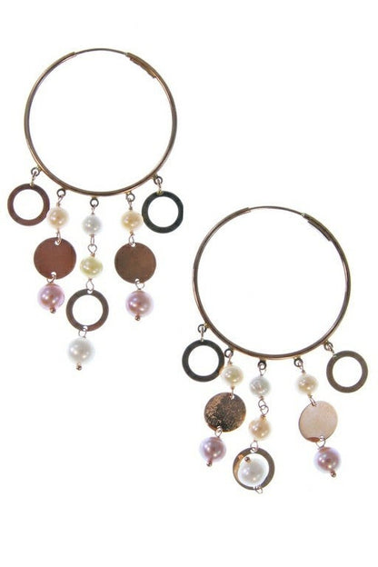 Pink & White Pearl Charm Hoop Earring, 18k Gold