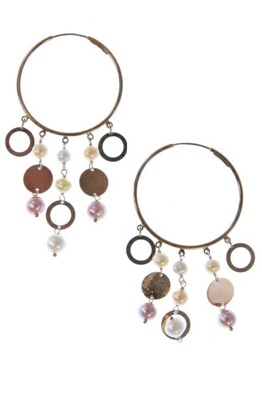 Pink & White Pearl Charm Hoop Earring, 18k Gold