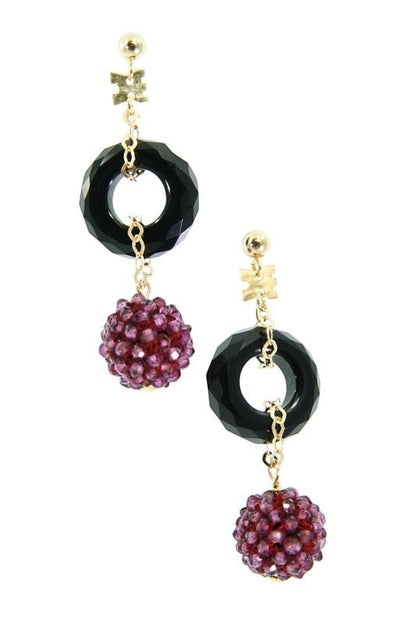 Purple Garnet & Onyx Drop Earring, 18k Gold