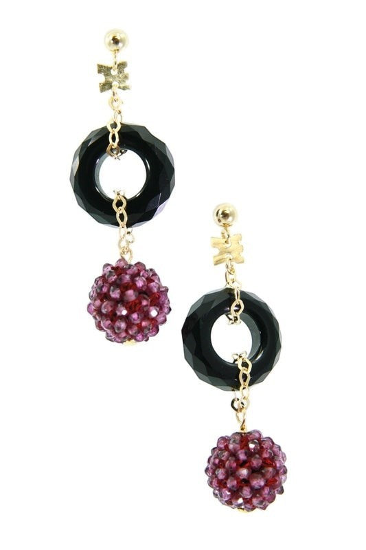 Purple Garnet & Onyx Drop Earring, 18k Gold