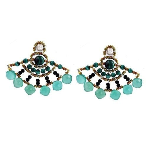 Green Malachite, Onyx & Black Spinel Fan Earring by Ziio