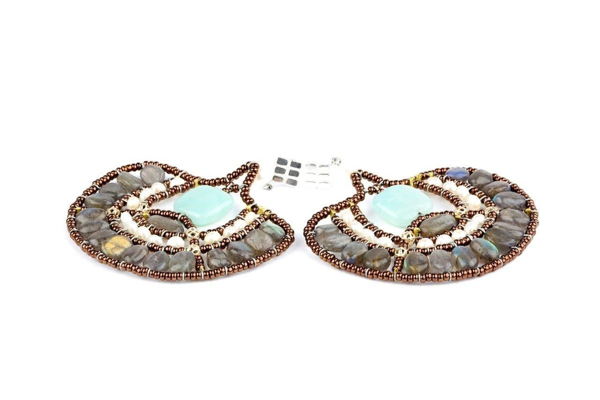 Ziio's Peacock Earring in Labradorite, Amazonite & White Pearl view 2