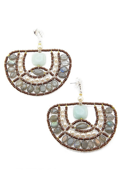 Ziio's Peacock Earring in Labradorite, Amazonite & White Pearl view 3
