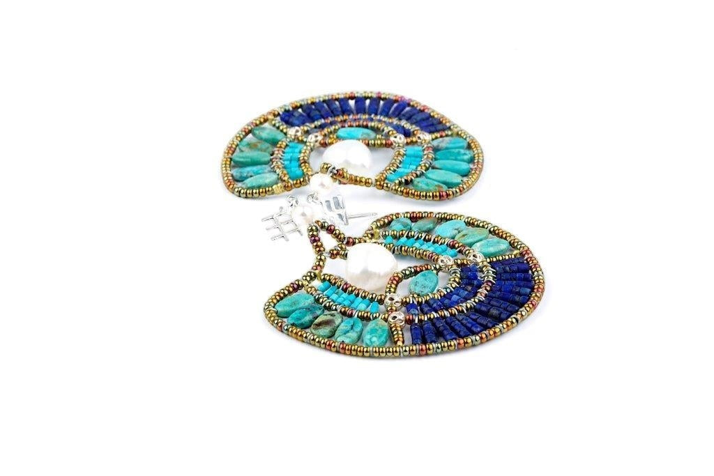 Ziio's Peacock Earring in Lapis, Tourquoise & Pearl view 2