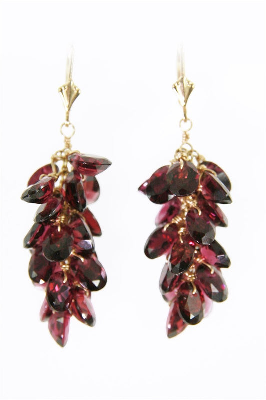 Red Garnet Gemstone Cluster Drop Earrings, 14k