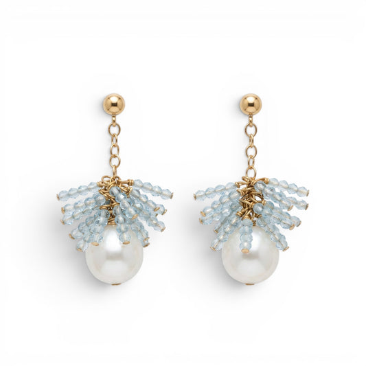 White Pearl & Aquamarine Gemstone Drop Earring