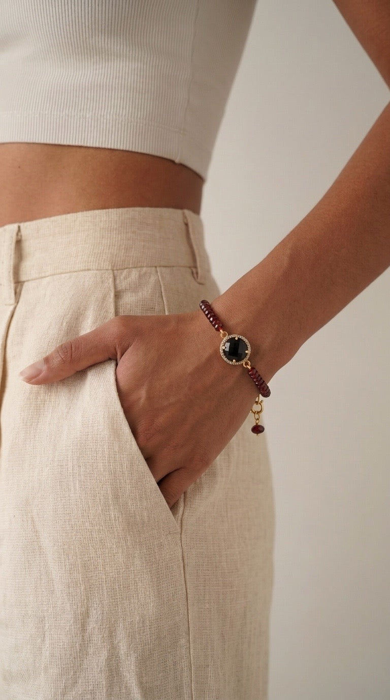 Black Spinel & Garnet Diamond Halo Bracelet