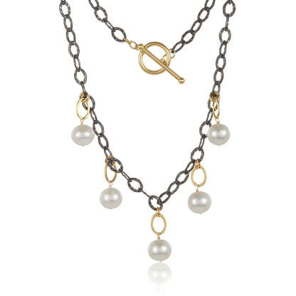 Xian Pearl Charm Necklace in two tone Sterling Silver