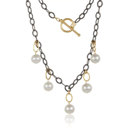 Xian Pearl Charm Necklace in two tone Sterling Silver