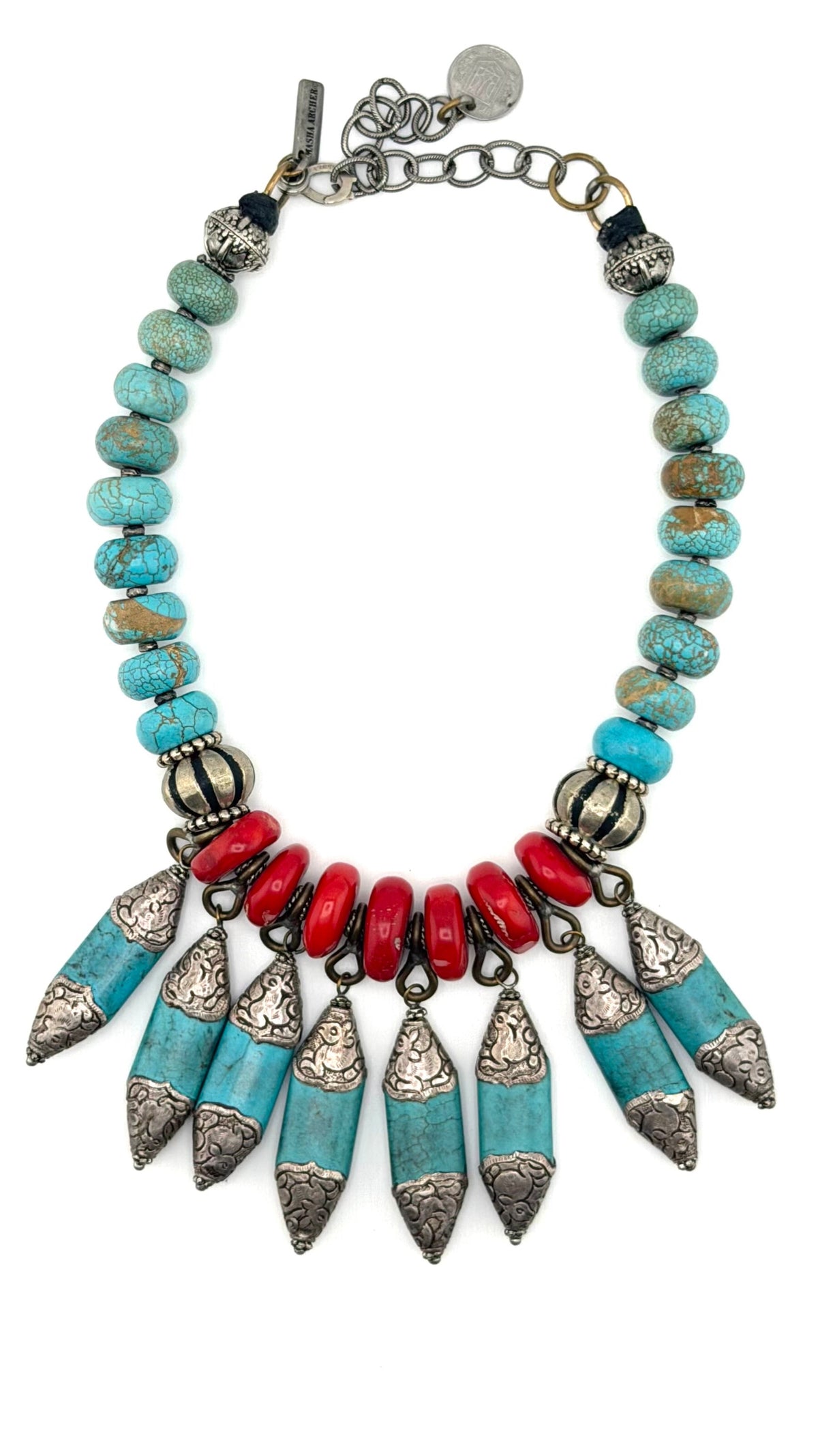 Red Coral & Turquoise Ziggurat Necklace by Masha Archer