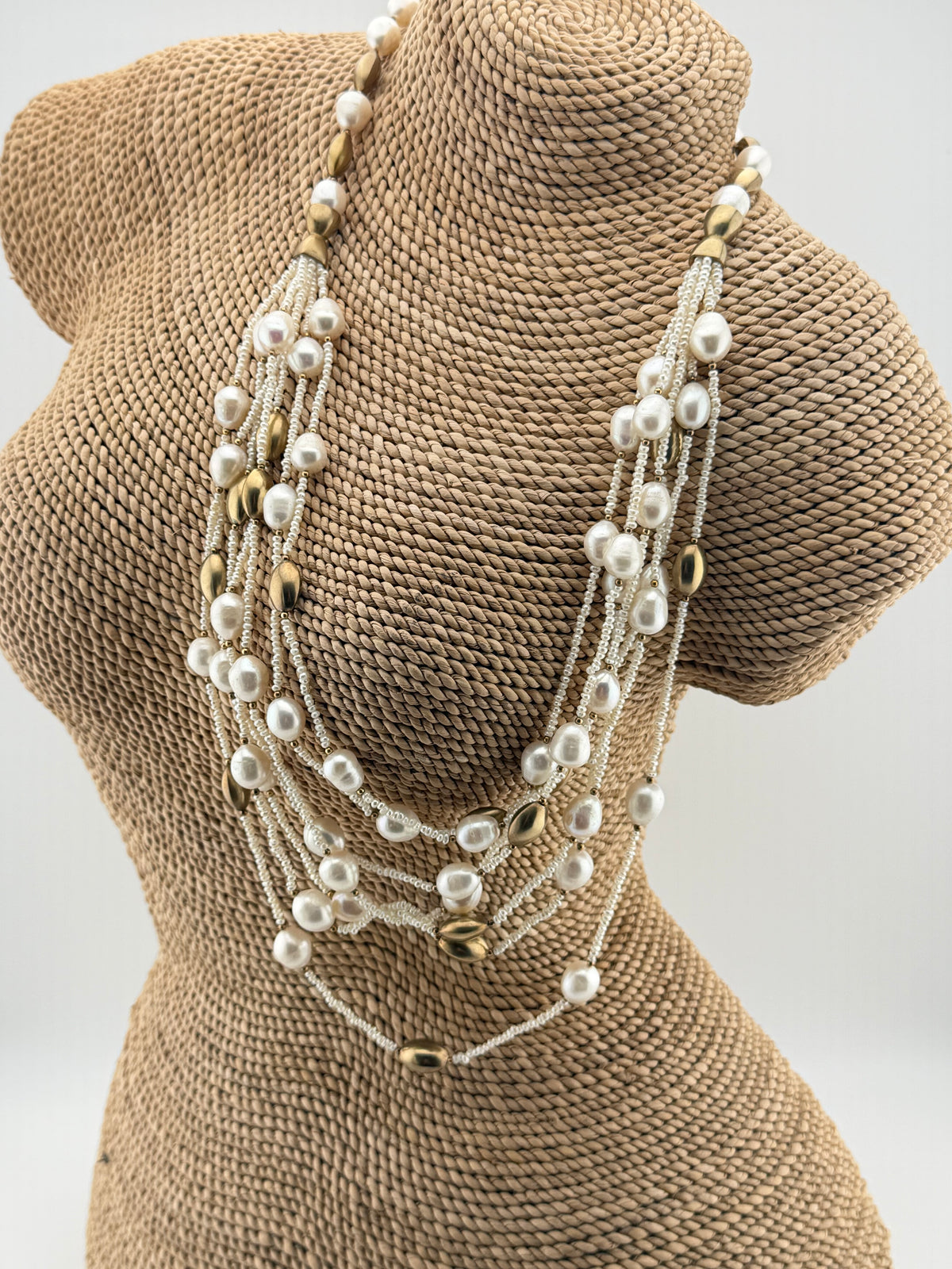 Long Multi-strand Pearl & Gold Bead Necklace