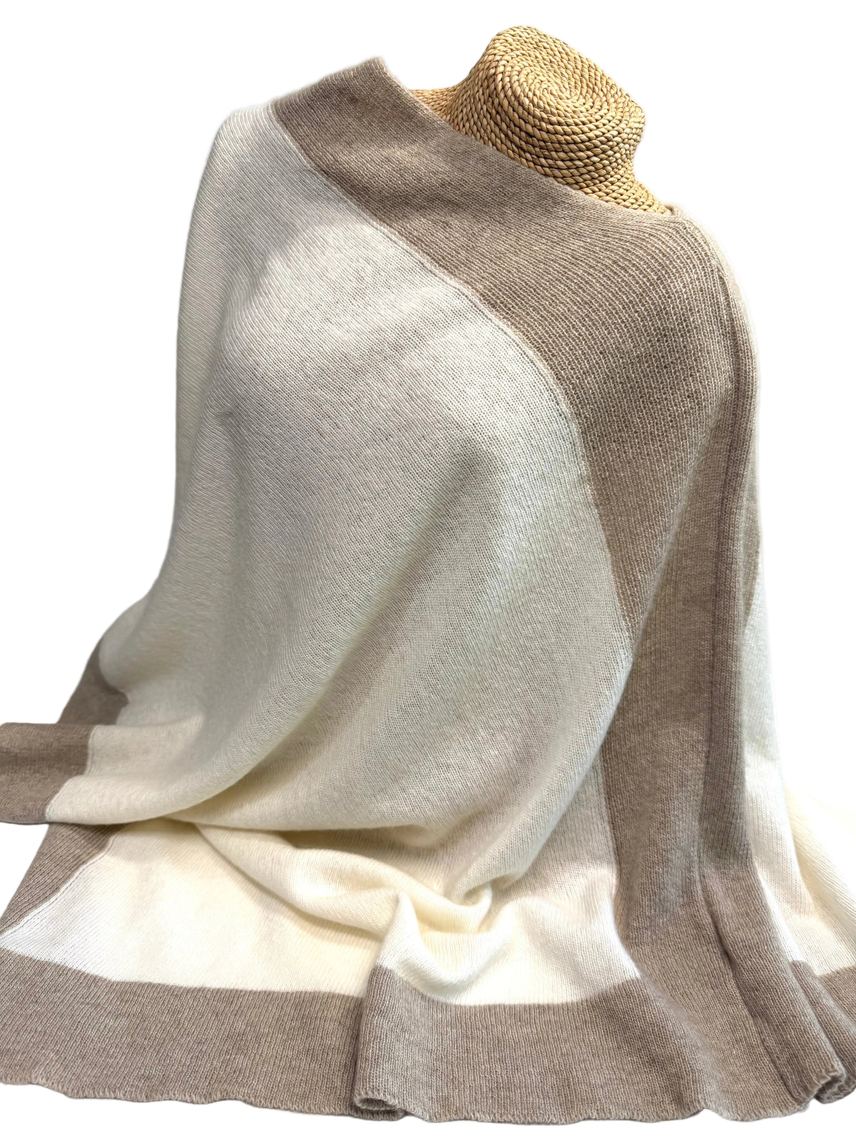 “Edgy” Roma Poncho, Cashmere Blend, Cream with Mocha Edge