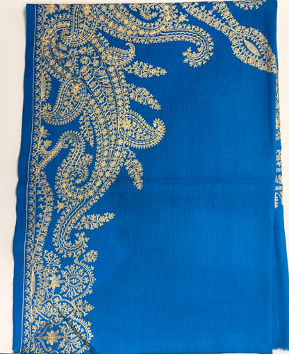 Geeta Embroidered Wool Shawl in Azure Blue & Champagne