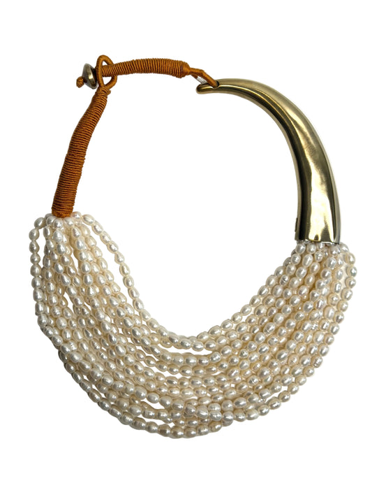 Multi-strand White Pearl Necklace with Asymmetrical Neck Band