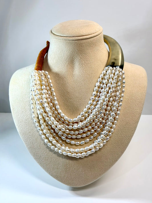 Multi-strand White Pearl Necklace with Asymmetrical Neck Band