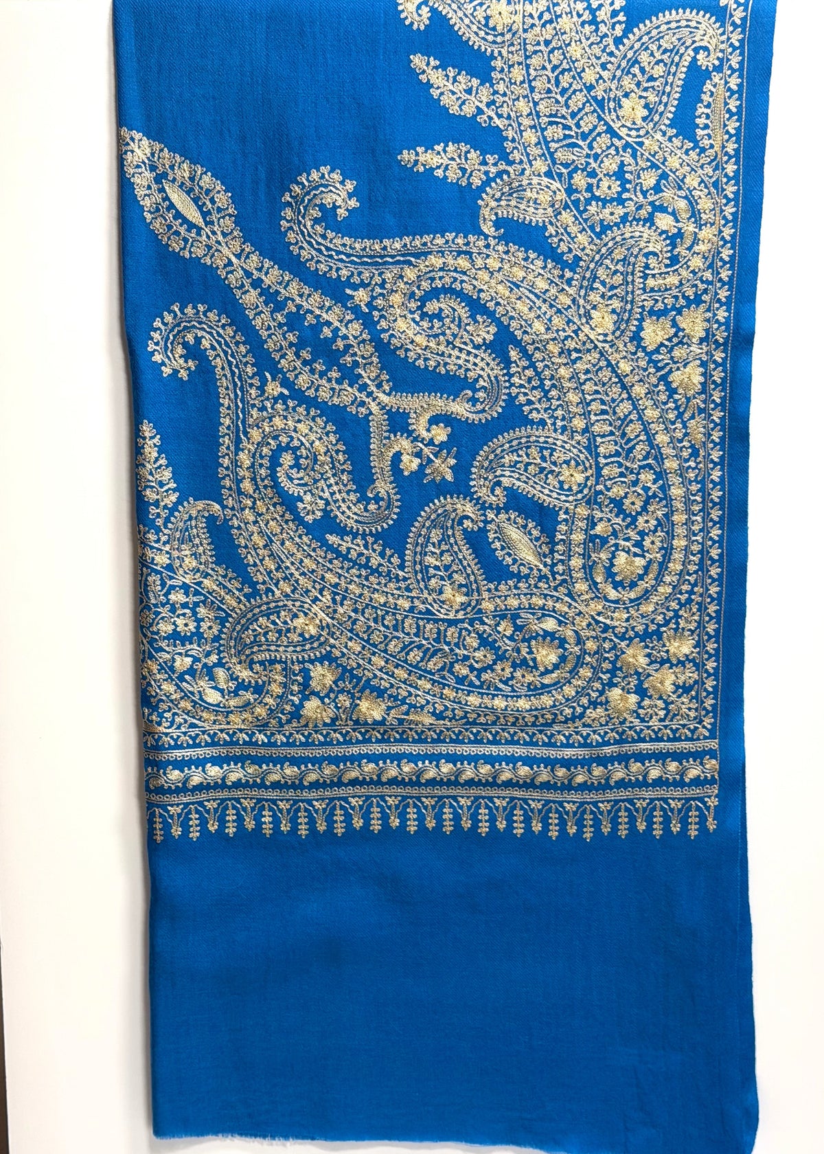 Geeta Embroidered Wool Shawl in Azure Blue & Champagne