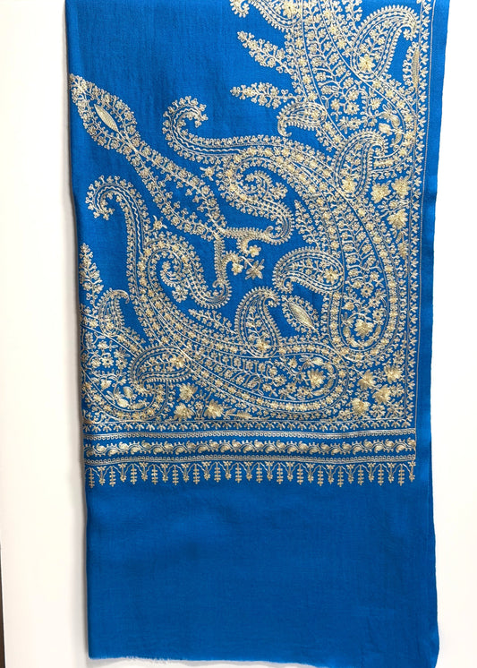 Geeta Embroidered Wool Shawl in Azure Blue & Champagne