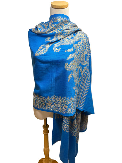 Geeta Embroidered Wool Shawl in Azure Blue & Champagne