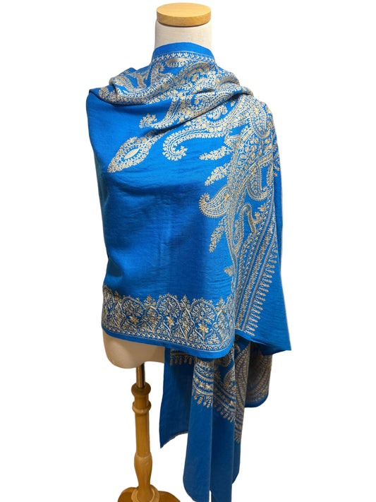 Geeta Embroidered Wool Shawl in Azure Blue & Champagne