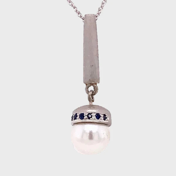 Akoya Pearl & Blue Sapphire Pendant Necklace