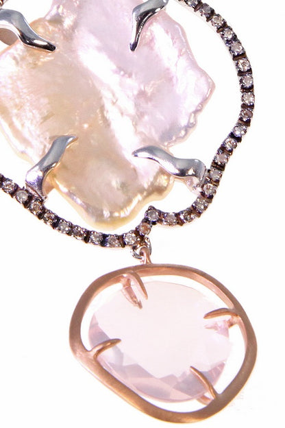 Baroque Pearl and Diamond Halo Drop Earrings with Pink Quartz