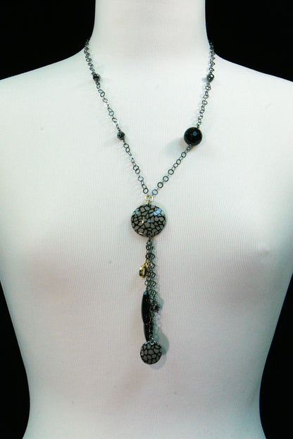 Black Onyx & Enameled Bead Pendant Necklace