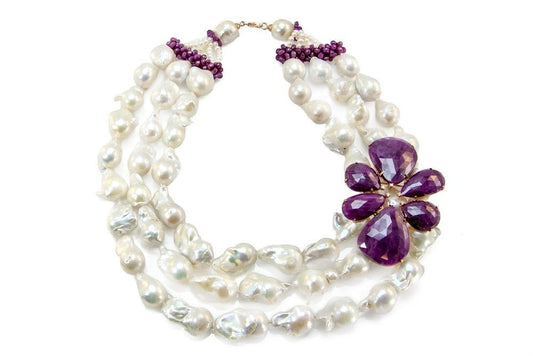 Triple Strand White Baroque Pearl & Ruby Necklace