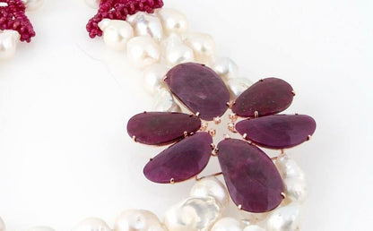 Triple Strand White Baroque Pearl & Ruby Necklace view 2