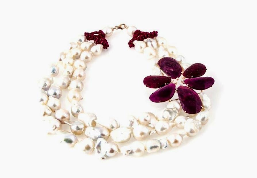 Triple Strand White Baroque Pearl & Ruby Necklace view 3