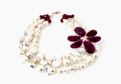 Triple Strand White Baroque Pearl & Ruby Necklace view 3