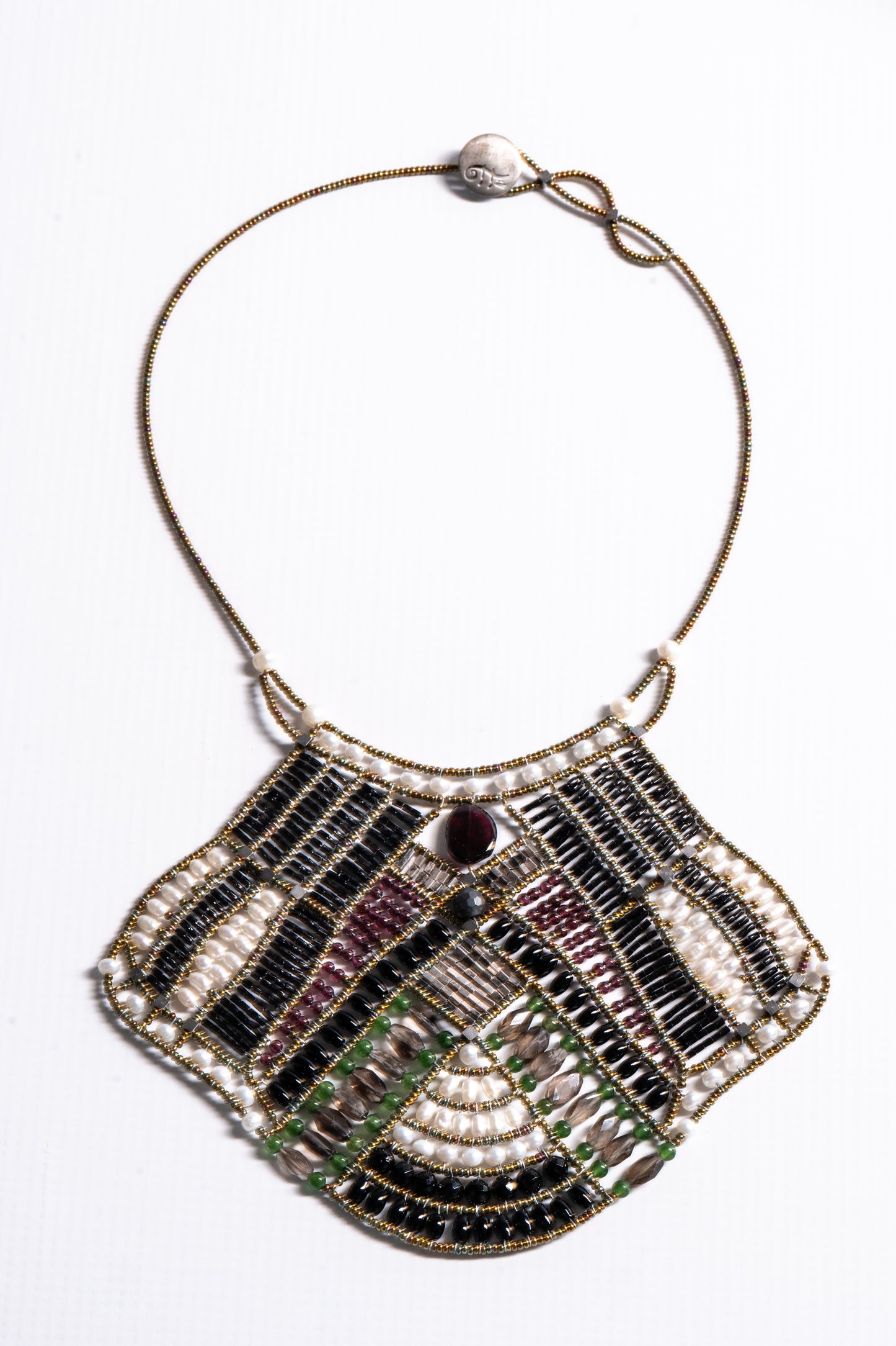 Falena Statement Bib Necklace in Onyx, Garnet with Pearls