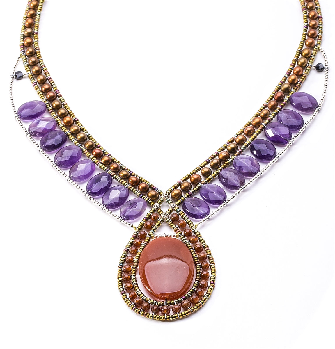 Carnelian & Amethyst Gemstone Necklace with Bronze Pearls by Ziio