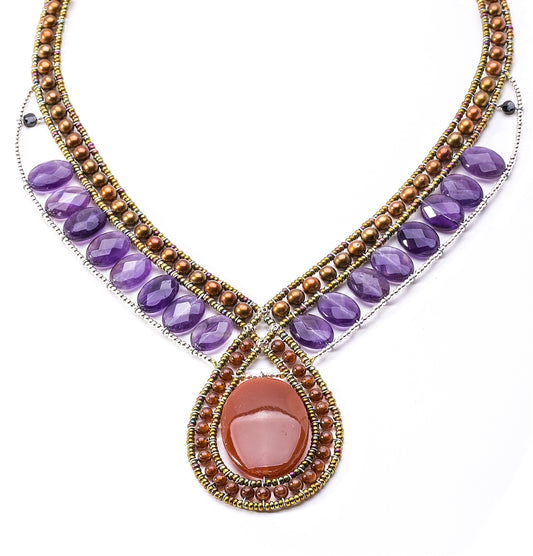 Carnelian & Amethyst Gemstone Necklace with Bronze Pearls by Ziio